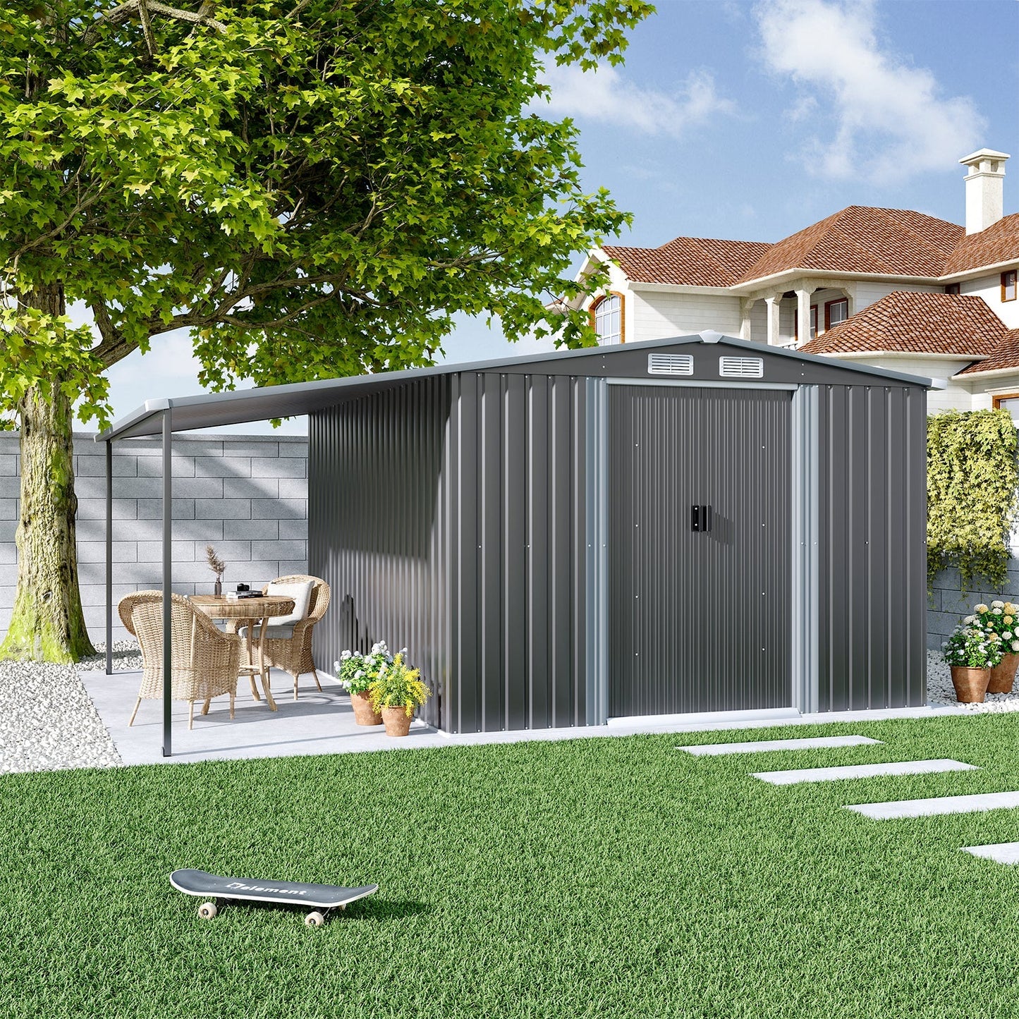 Sturdy Galvanized Steel  Awning Shelter Storage Shed with Hooks & Shelves