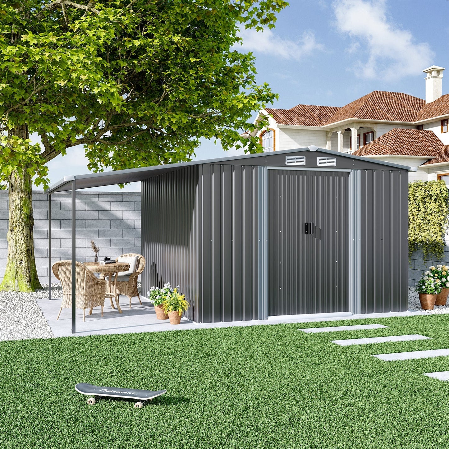 Sturdy Galvanized Steel  Awning Shelter Storage Shed with Hooks & Shelves