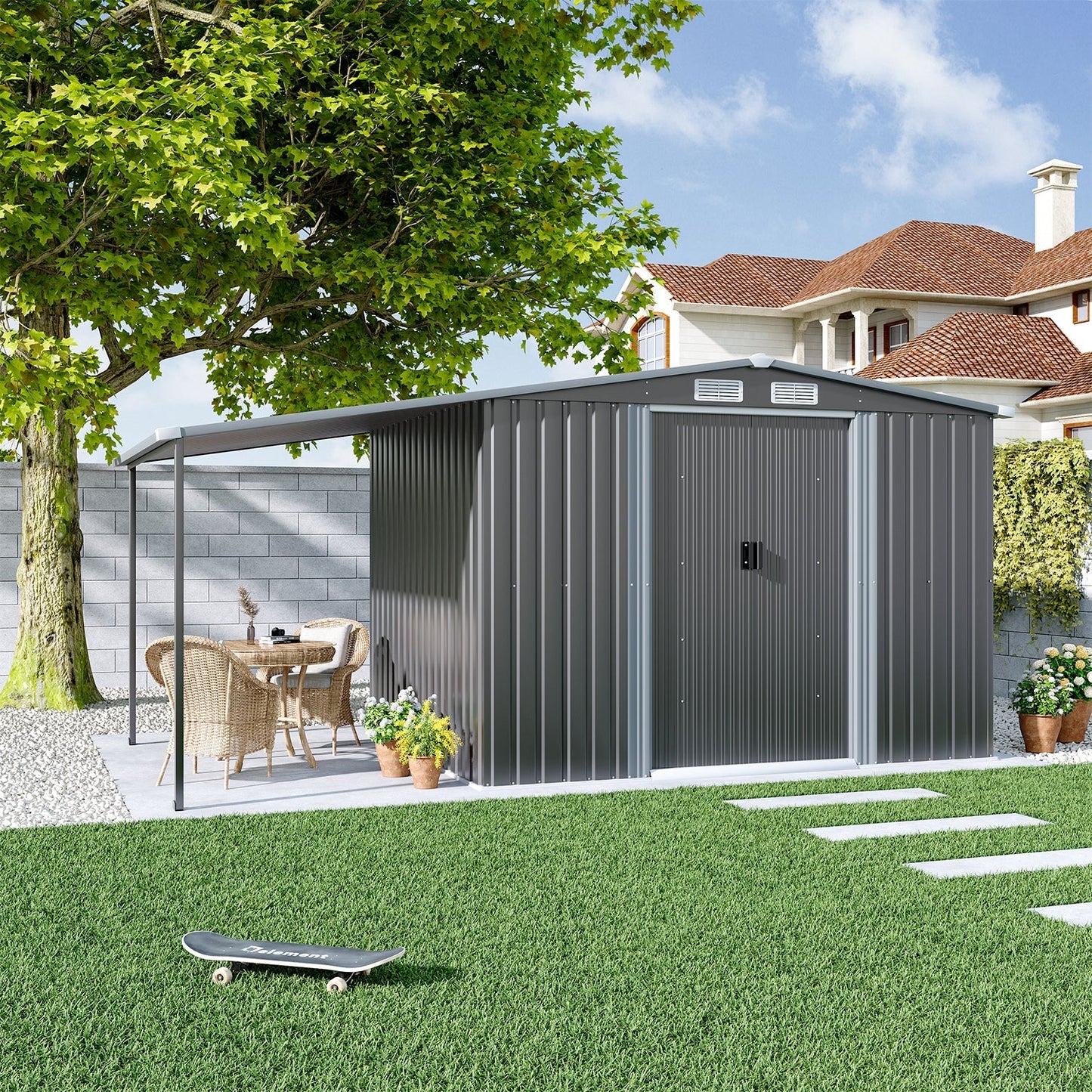 Sturdy Galvanized Steel  Awning Shelter Storage Shed with Hooks & Shelves