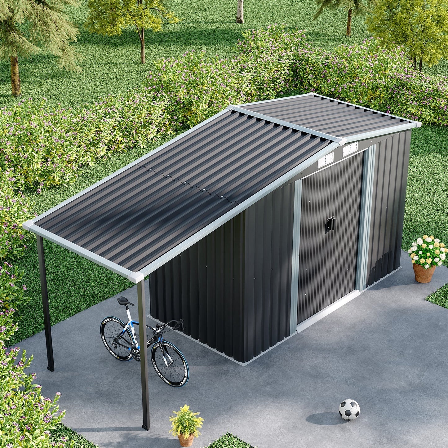 Sturdy Galvanized Steel  Awning Shelter Storage Shed with Hooks & Shelves