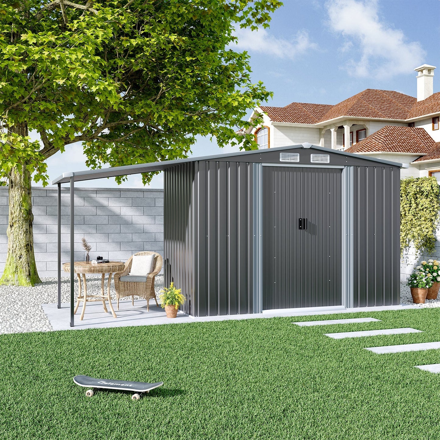 Sturdy Galvanized Steel  Awning Shelter Storage Shed with Hooks & Shelves