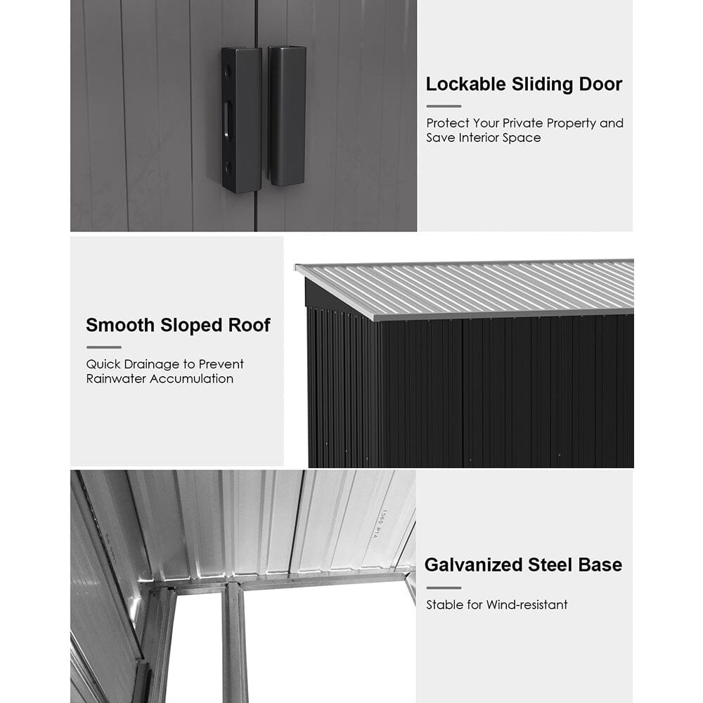 8.6 ft Lockable Galvanized Steel Garden Metal Shed with Windows