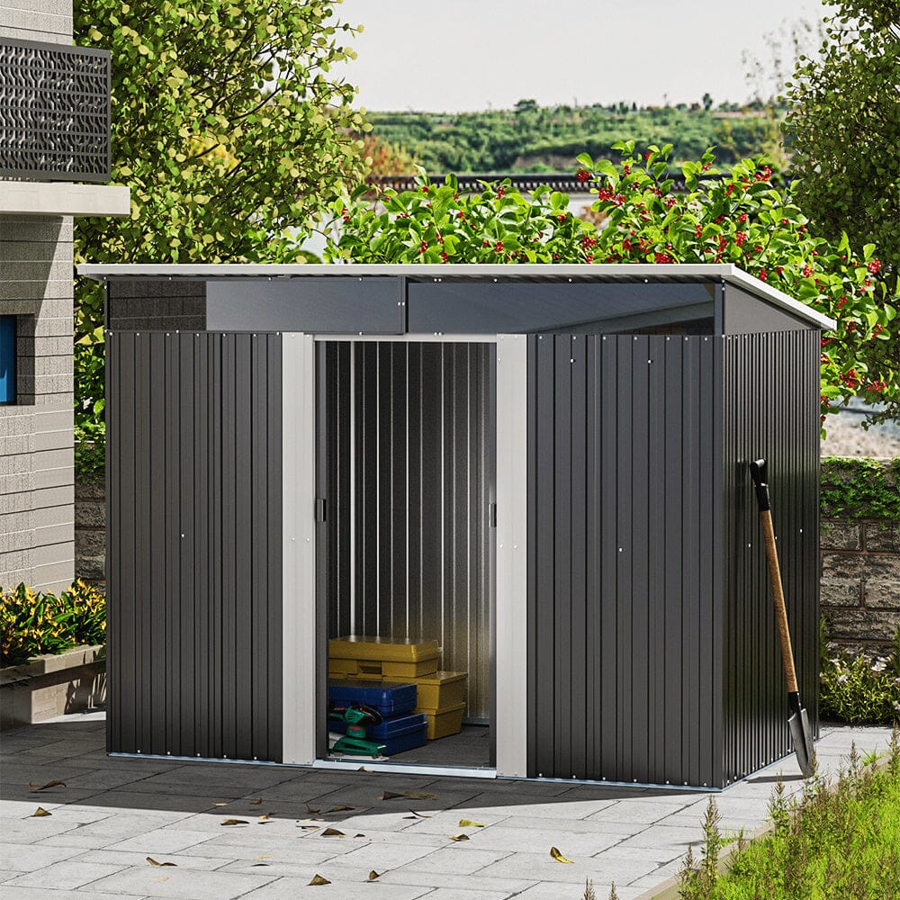 8.6 ft Lockable Galvanized Steel Garden Metal Shed with Windows