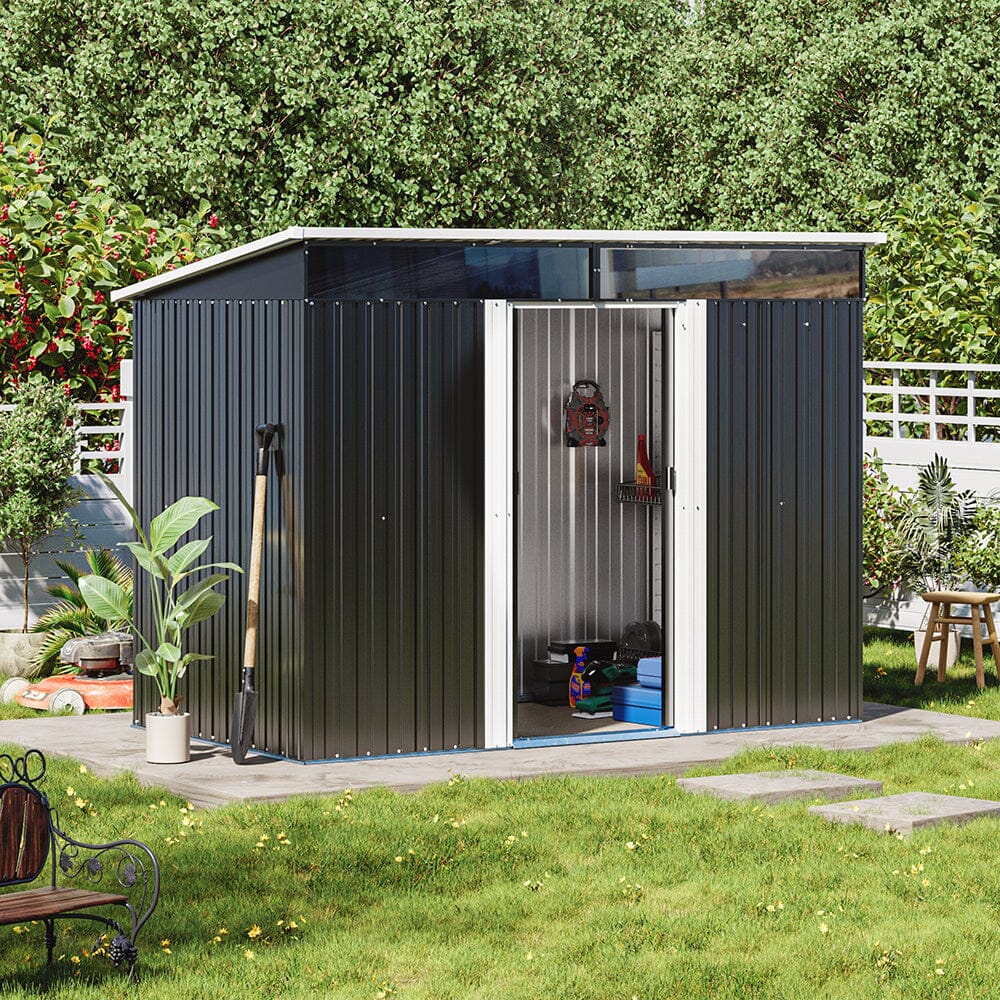 8.6 ft Lockable Galvanized Steel Garden Metal Shed with Windows