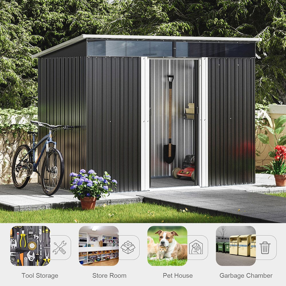 8.6 ft Lockable Galvanized Steel Garden Metal Shed with Windows