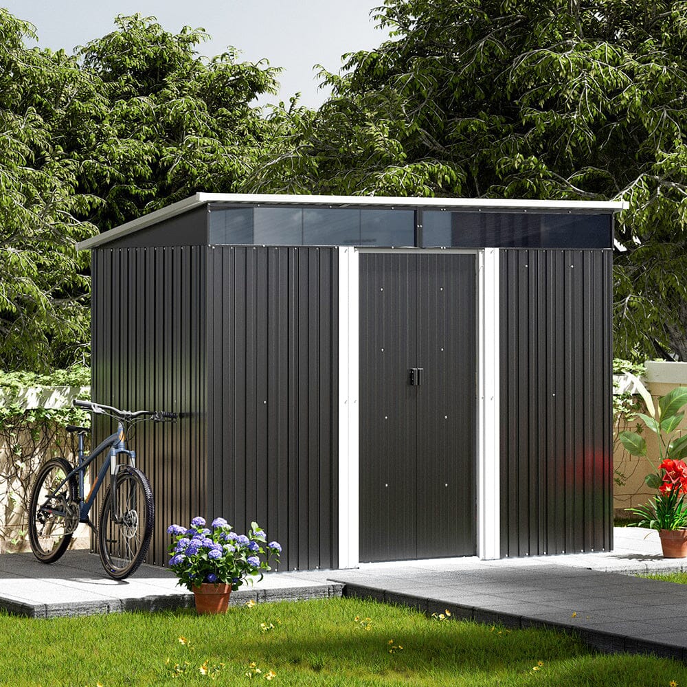 8.6 ft Lockable Galvanized Steel Garden Metal Shed with Windows