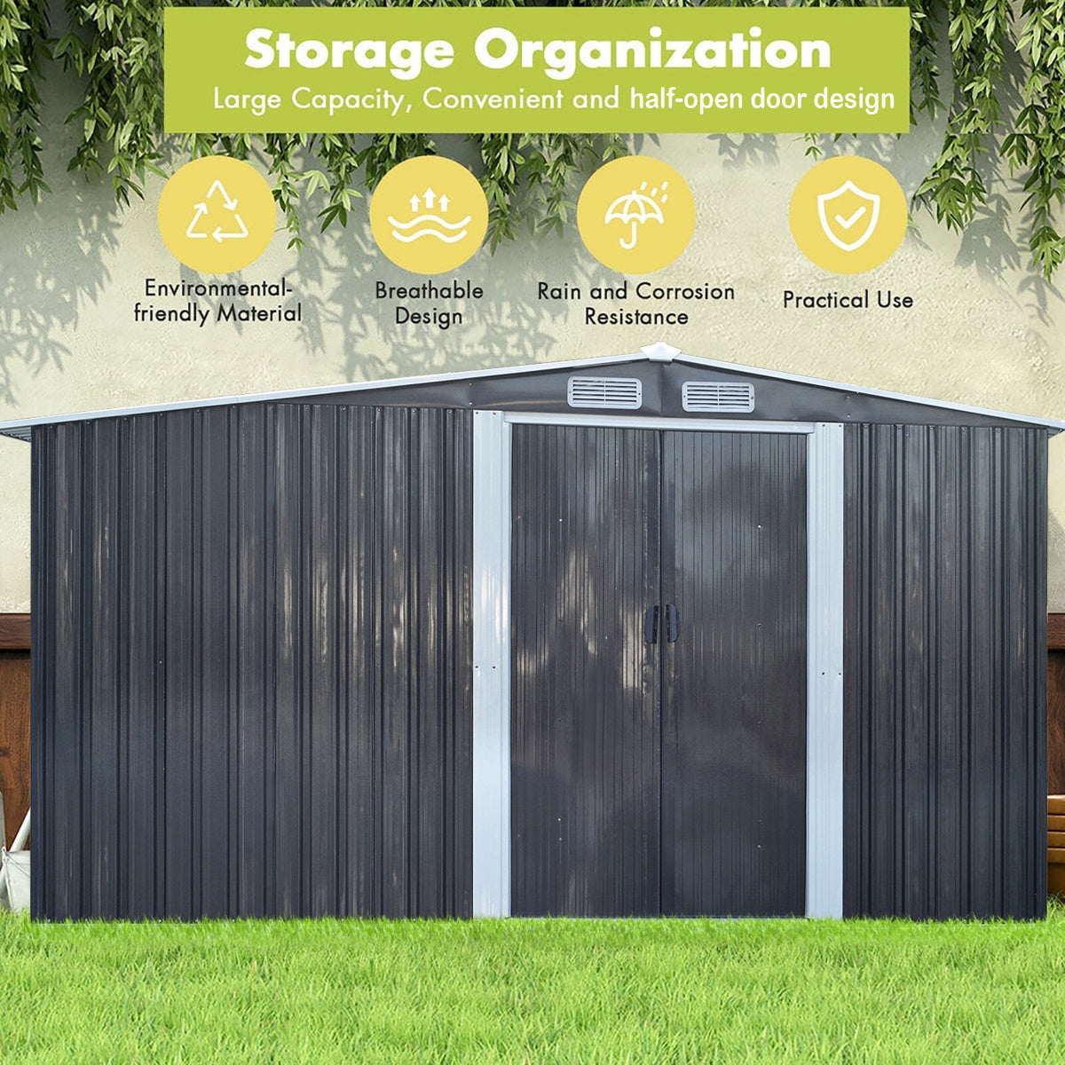 Garden Gable Roof Metal Shed with Log Storage