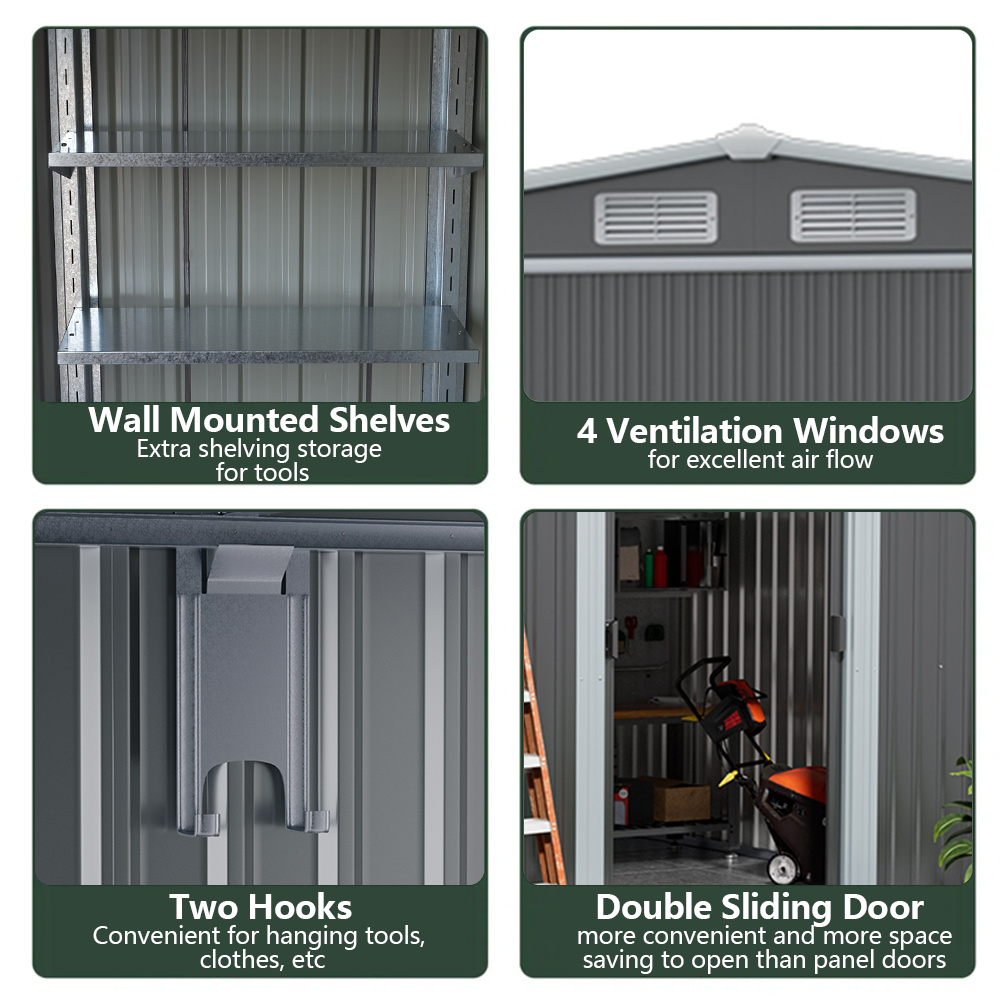 Sturdy Galvanized Steel  Awning Shelter Storage Shed with Hooks & Shelves