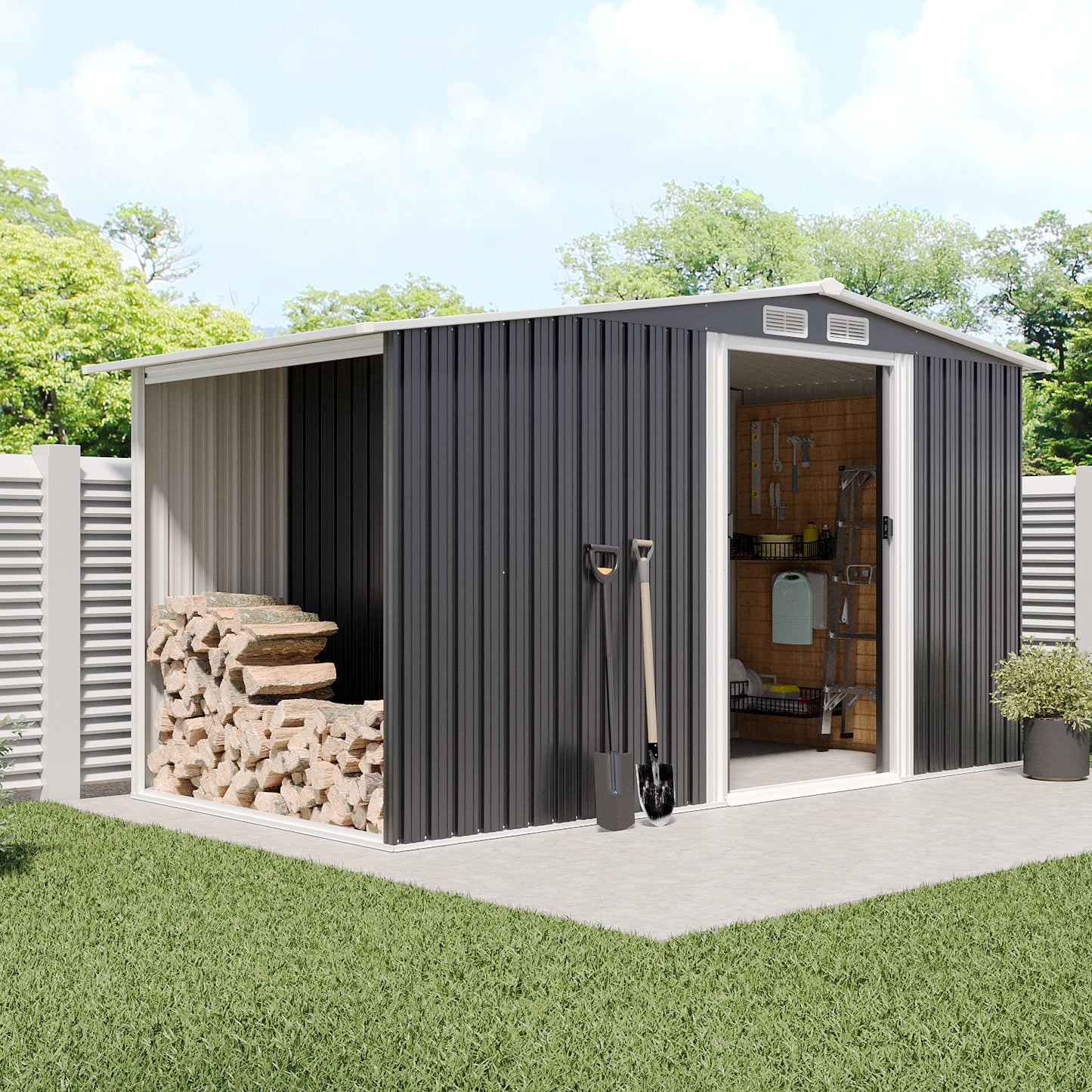 Garden Gable Roof Metal Shed with Log Storage