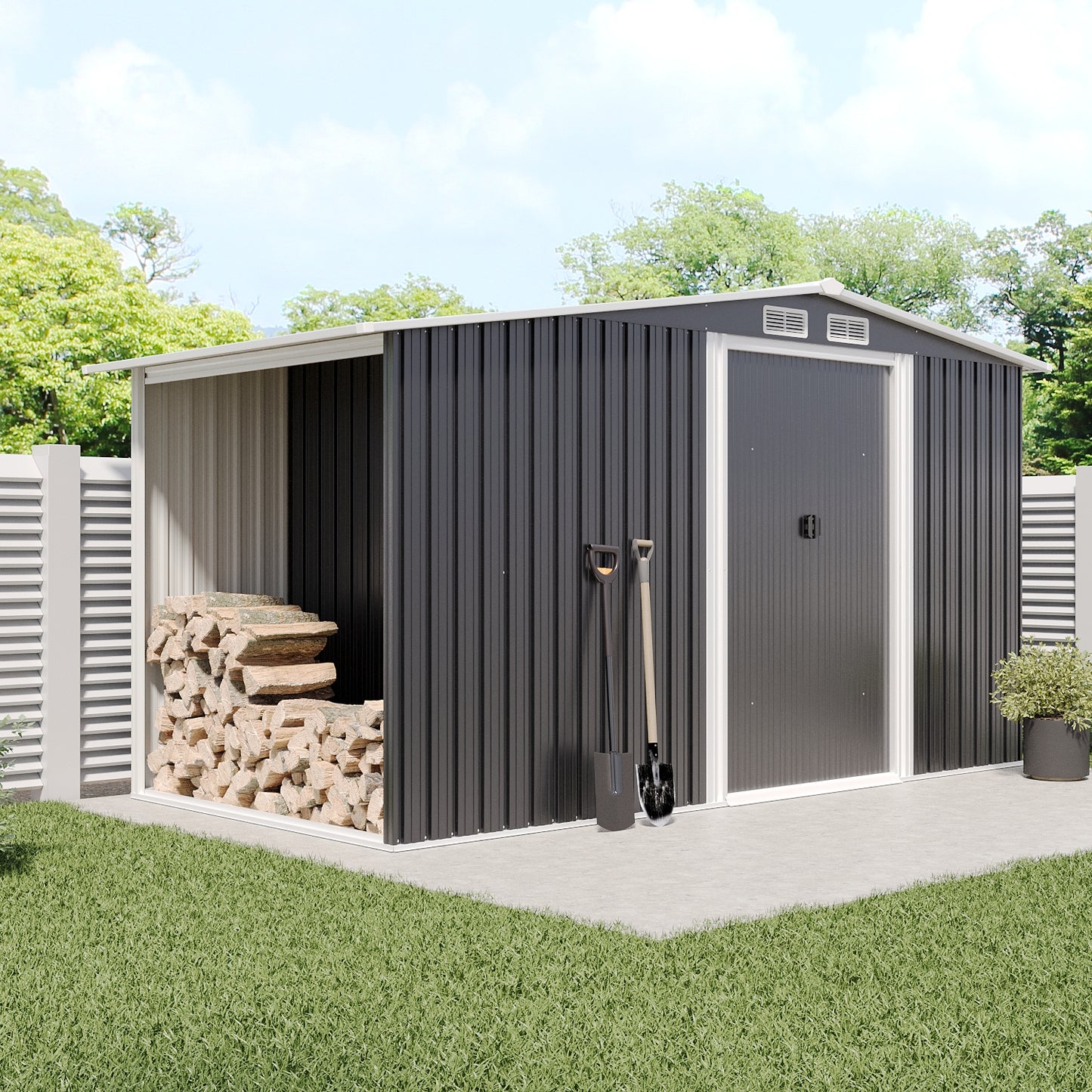 Garden Gable Roof Metal Shed with Log Storage