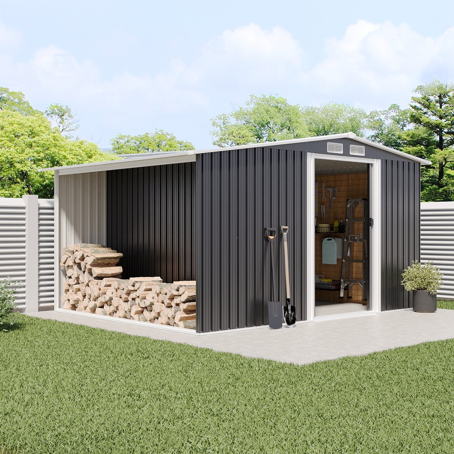 Garden Gable Roof Metal Shed with Log Storage