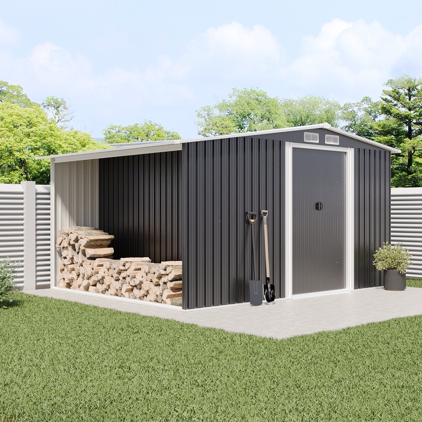 Garden Gable Roof Metal Shed with Log Storage