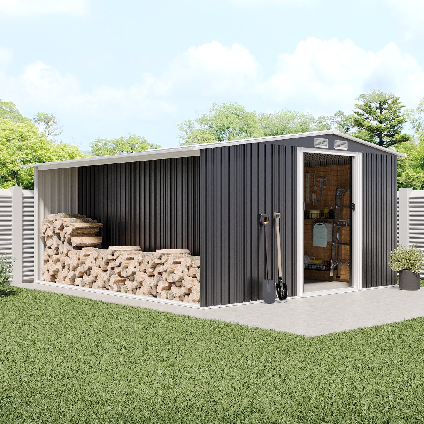 Garden Gable Roof Metal Shed with Log Storage