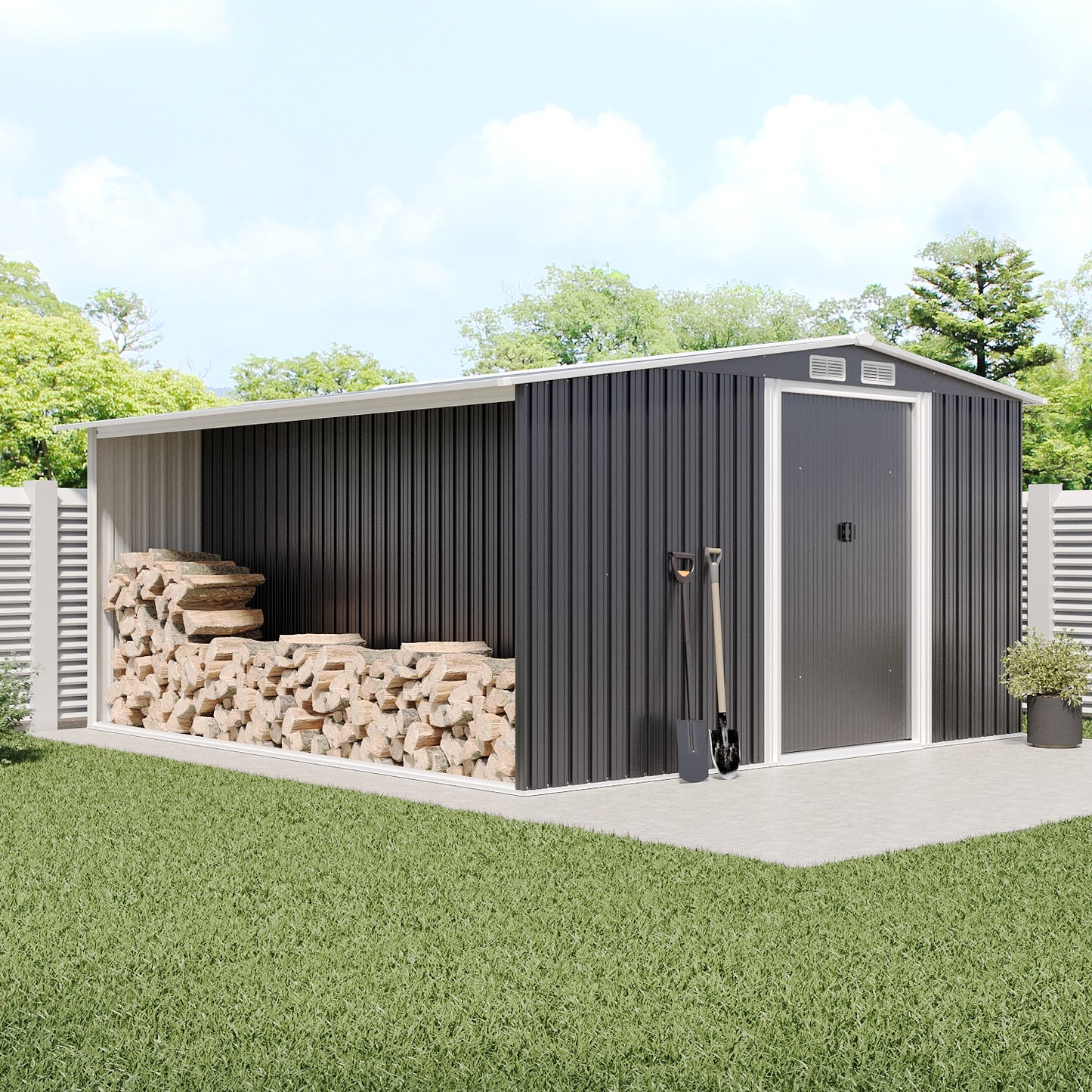 Garden Gable Roof Metal Shed with Log Storage