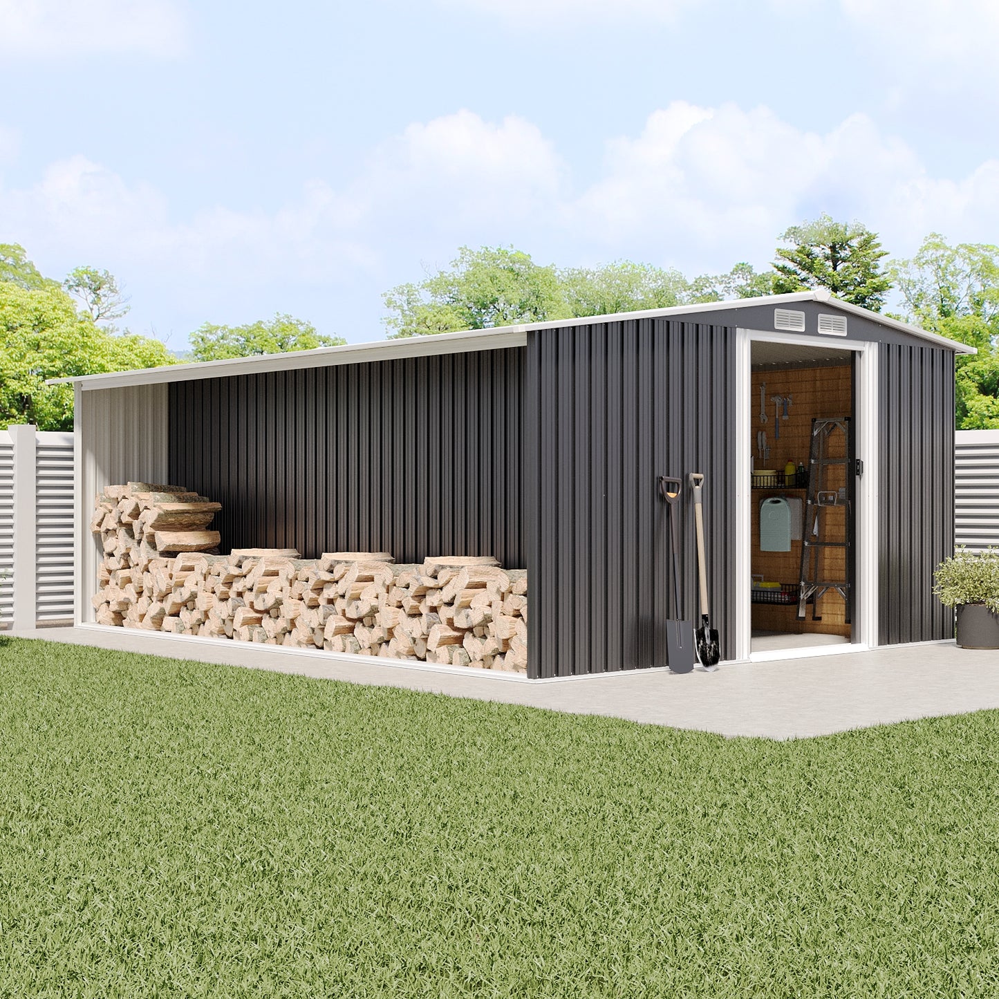 Garden Gable Roof Metal Shed with Log Storage
