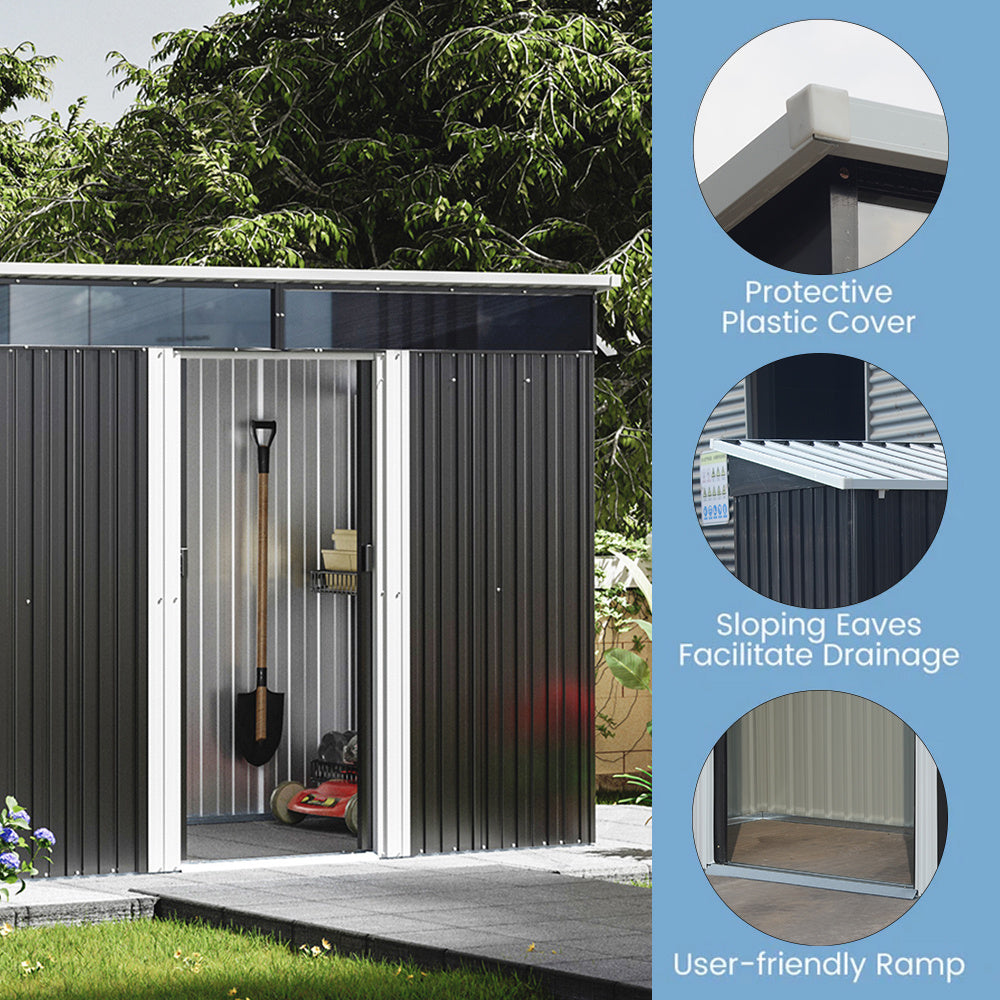 8.6 ft Lockable Galvanized Steel Garden Metal Shed with Windows
