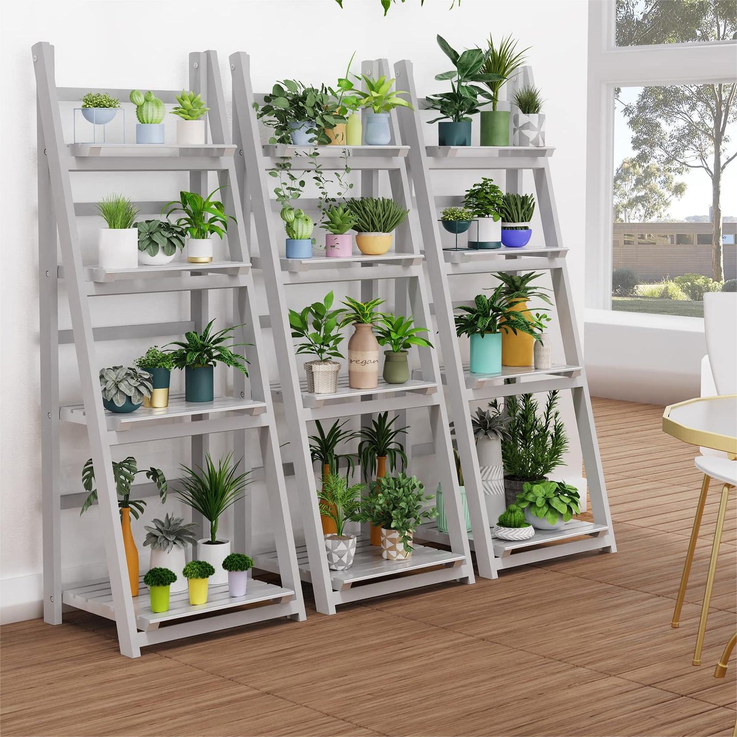 4-Tier Rustic Wooden Foldable Ladder Shelf for Plants
