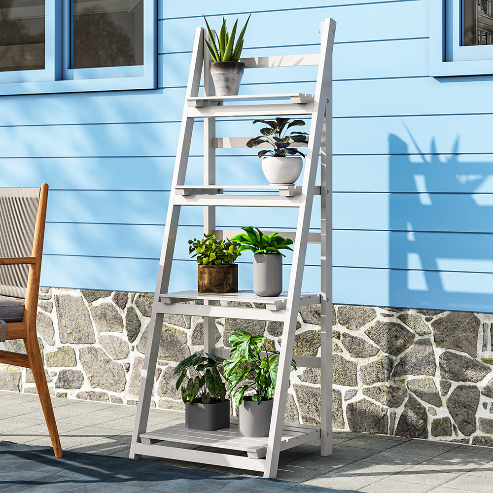 4-Tier Rustic Wooden Foldable Ladder Shelf for Plants