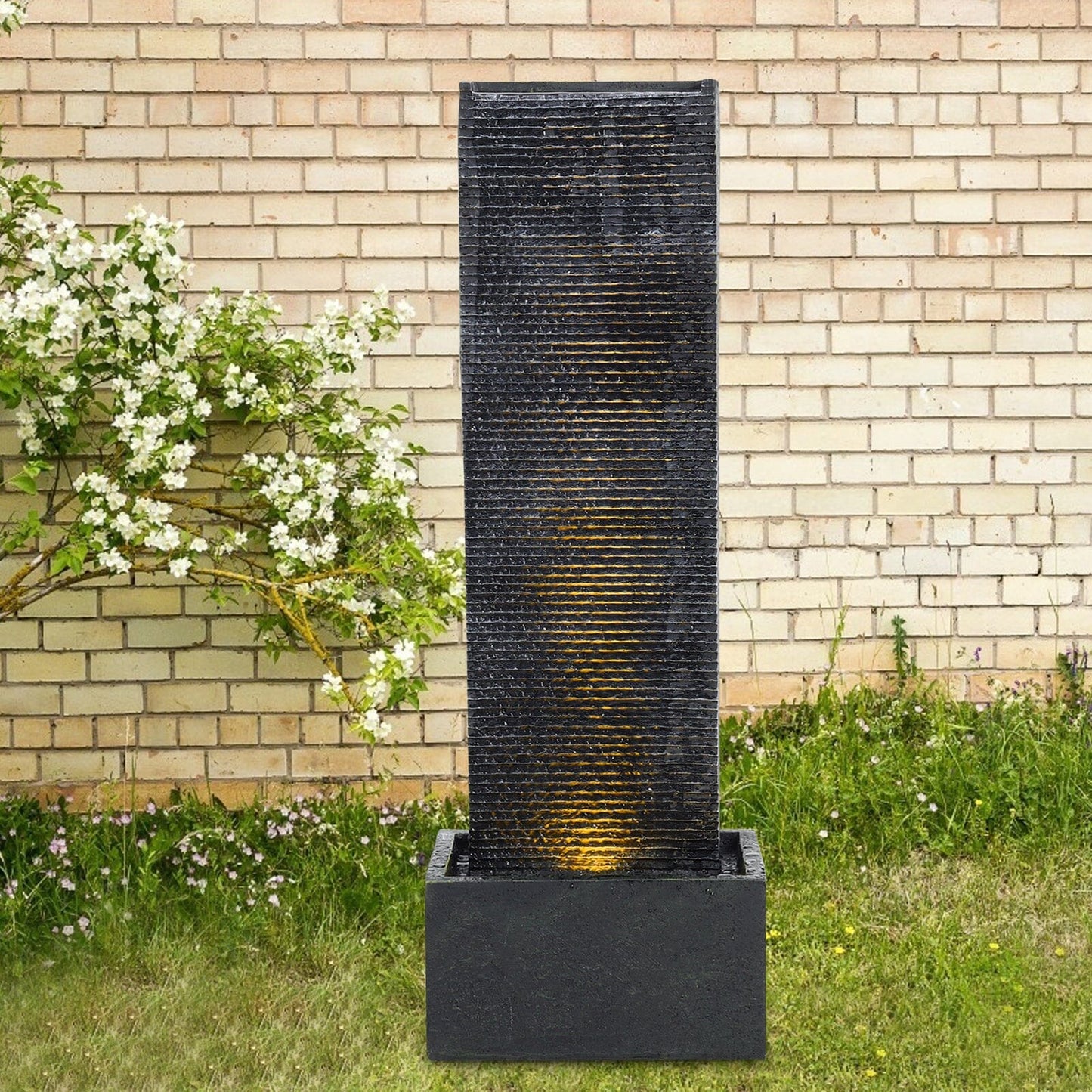 98cm H Black Rectangle Waterfall Stone Look Water Fountain with LED Light